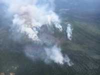 Плотная пелена дыма стелется над горной тайгой в Хакасии